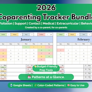 May include: A digital coparenting tracker bundle for 2026, featuring calendars for January and February. The design includes color-coded patterns and is created by a co-parent. The tracker covers visitation, support, contact, medical, extracurricular, and behavior.