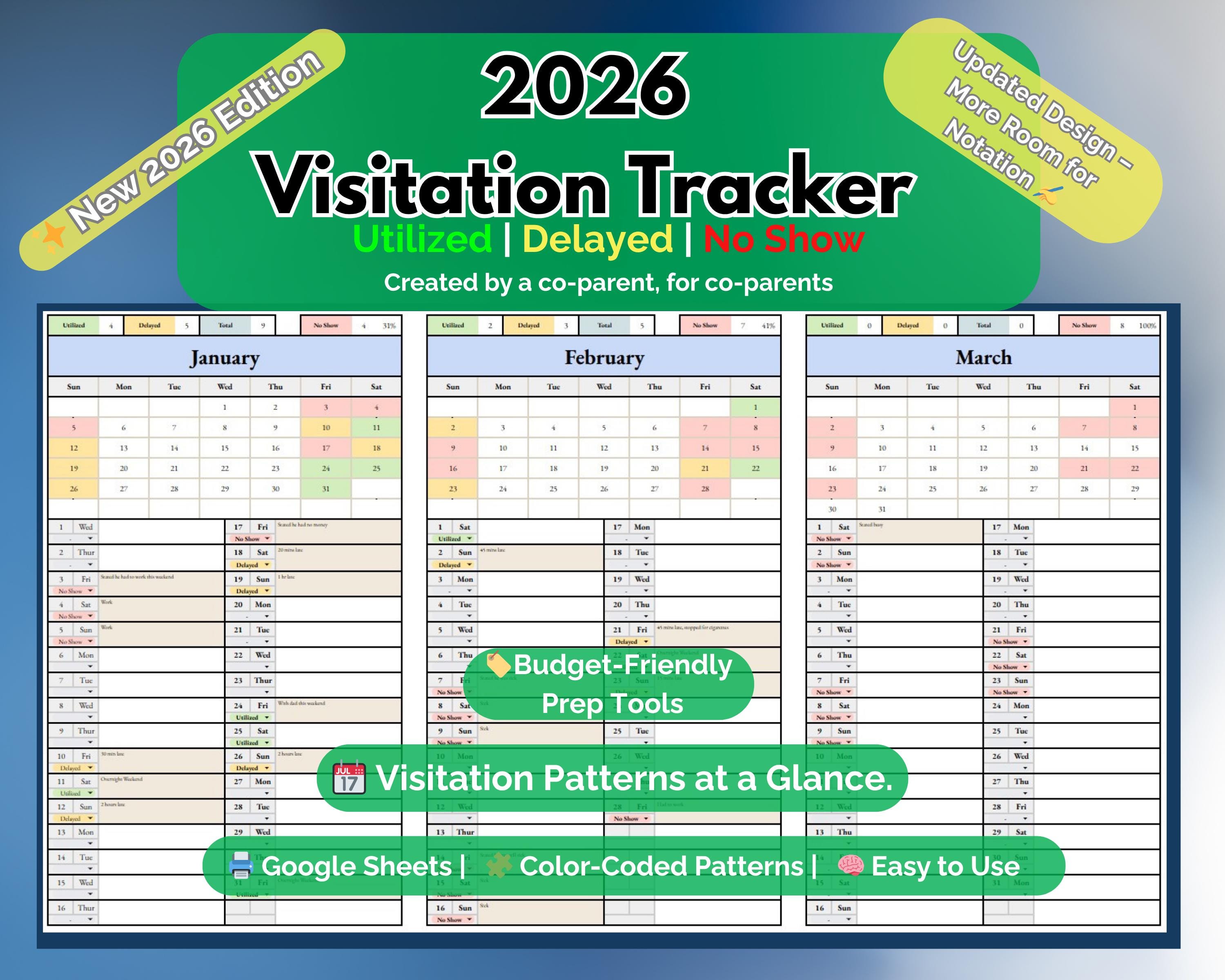 2026 Visitation Tracker | Utilized, Delayed & No Show Log | Color-Coded Google Sheets Custody Calendar | Co-Parenting Court Tool