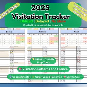Bezoektracker 2025 | Gebruikt, vertraagd en no-showlogboek | Kleurgecodeerde Google Spreadsheets-bewaaragenda | Tool voor mede-ouderschapsrechtbank