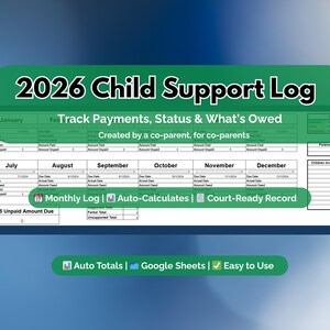 Pode incluir: Um registro digital de pensão alimentícia para 2026, projetado para rastrear pagamentos, status e valores devidos. A planilha inclui registros mensais, calcula automaticamente os números e fornece um registro pronto para o tribunal.