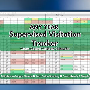 Könnte beinhalten: Eine digitale Kalendervorlage zur Verfolgung von betreuten Besuchen. Der Kalender ist farbcodiert und in Google Sheets bearbeitbar. Der Text auf dem Bild lautet "ANY YEAR Supervised Visitation Tracker Color-Coded Custody Calendar".