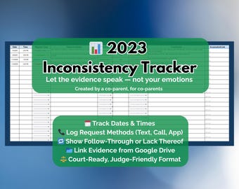 2023 Inconsistency Tracker | Co-Parenting Conflict Log | Custody Pattern Documentation | Visitation & Child Support | Google Sheets
