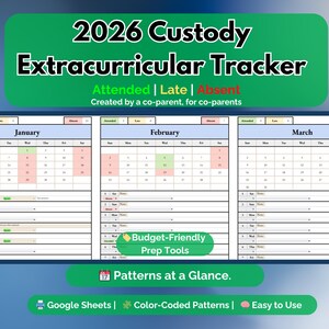 Könnte beinhalten: Ein digitaler Planer mit dem Titel "2026 Custody Extracurricular Tracker" mit Kalenderlayouts für Januar, Februar und März. Der Planer verwendet farbcodierte Muster, um Anwesenheit, Verspätung und Abwesenheit zu verfolgen. Er ist für Co-Eltern konzipiert und einfach zu bedienen.