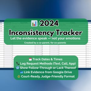 Puede incluir: Documento digital titulado "2024 Inconsistency Tracker". La hoja de cálculo con acentos verdes incluye secciones para el seguimiento de fechas, métodos de solicitud, seguimiento y enlaces de evidencia. El texto dice "Deja que la evidencia hable, no tus emociones."