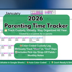 以下が含まれることがあります： 2026年版のデジタル育児時間トラッカー。監護権を視覚的に追跡し、整理整頓できます。カレンダーには、「ママ」対「パパ」の日、ピックアップ/ドロップオフフィールド、月ごとのメモを追跡するためのカラーコード付きログが含まれています。Googleスプレッドシートで編集可能です。
