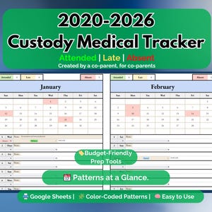 Könnte beinhalten: Ein digitaler medizinischer Sorgerechts-Tracker für 2020-2026, konzipiert für Co-Eltern. Das kalenderartige Layout bietet Abschnitte für Anwesenheit, Verspätung und Abwesenheit. Enthält farbcodierte Muster und ist einfach mit Google Sheets zu verwenden.