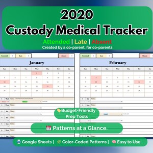 Könnte beinhalten: Ein 2020 Custody Medical Tracker mit grünem Header. Der Tracker enthält Kalender für Januar und Februar mit Abschnitten für Anwesenheit, Verspätung und Abwesenheit. Zusätzlicher Text enthält "Budget-Friendly Prep Tools" und "Patterns at a Glance."