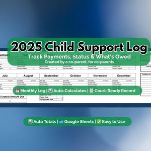2025 Child Support Payment Tracker | Editable Google Sheets Log | Monthly Court-Ready Payment Record | Auto-Calculating Template