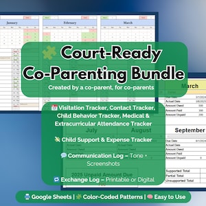 May include: A digital co-parenting bundle with calendar and financial trackers. The green overlay highlights features like visitation, child behavior, and expense tracking. Text includes "Court-Ready Co-Parenting Bundle" and "Google Sheets".
