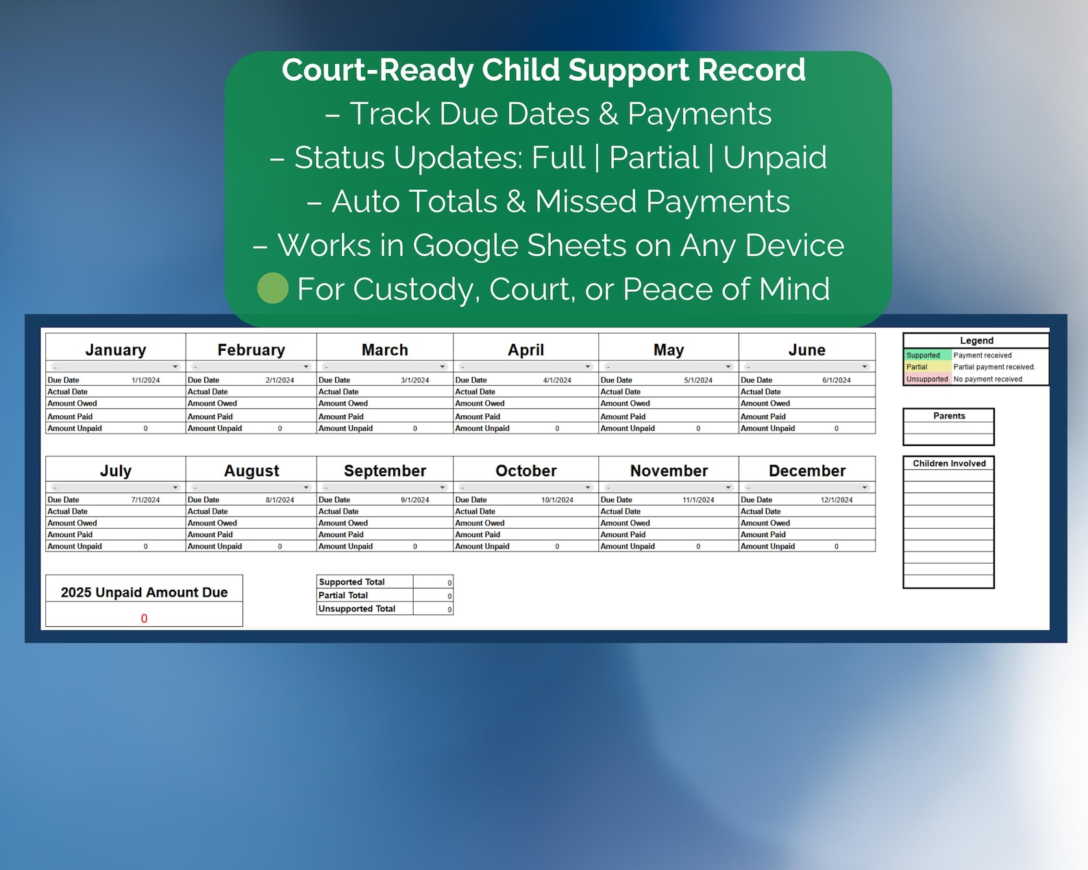 Shelp Help Tracker 2025 Child Support Payment Tracker: Google Sheets Template (digital ...
