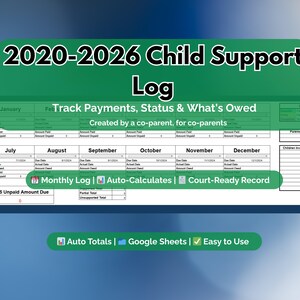 Strumento di monitoraggio dei pagamenti per il mantenimento dei figli 2020-2026 [Fogli Google] [MyColorCase]