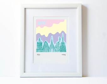 New York Skyline Print - MADE IN NYC, impresión de arte, alta resolución, horizonte pastel, impresión de la ciudad de Nueva York, ilustrada a mano en Nueva York.