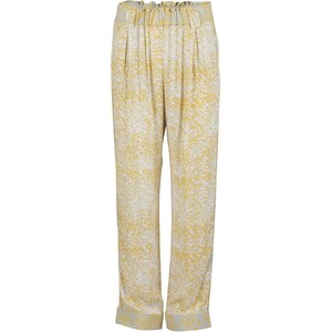 May include: Yellow pants with a white abstract print. The pants have an elastic waistband and a cuffed hem.
