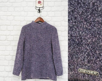 GEIGER Austria Curly Knit Virgin Wool/Angora Soft Warm Jumper Sweater Pullover Trachten Bavarian Mock Neck Lilac Purple size 36/UK10/US6