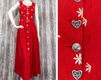Daller Tracht Vintage Red Linen Dress Dirndl Traditional Pleated Octoberfest Bavarian Austrian size 36/S/UK8/US4