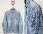 Marie Lund Copenhagen Floral Denim Print Roll sleeve Long sleeve Shirt Blue Mini White Flowers size 42 L