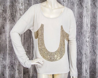 Blusa de mujer True Religion Manga larga con adornos de diamantes de imitación talla L