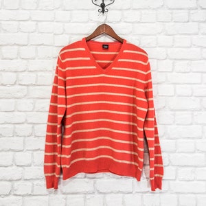 YORN 100% Finest Cashmere 2-ply Knit Striped Jumper Sweater Pullover V neck size XL