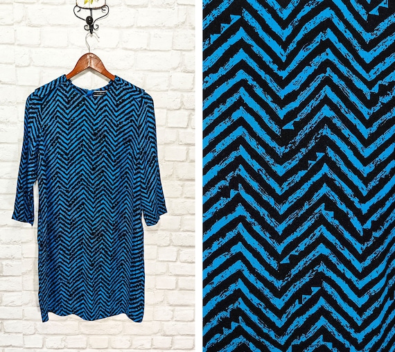 by Malene Birger Dress Blue Chevron Abstract Viscose Shift Dress size 36 S UK10