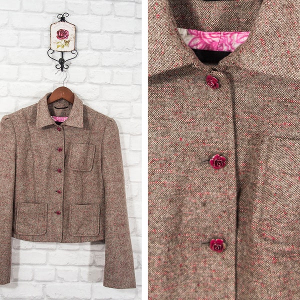 Marc Cain Schurwolle Tweed Blazer Jacke Schöne Knöpfe Beige Himbeere Melange Größe 3