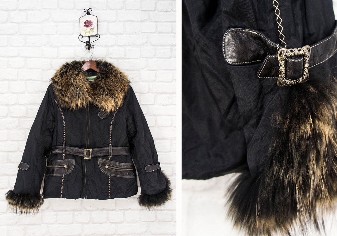 Jessica Wilde Dyed Raccoon Fur Trim Jacket Coat Belted Vintage