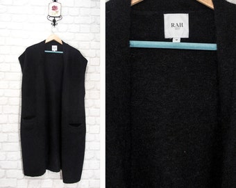 RAH Oslo Black Kid Mohair Wool Blend Cardigan Sweater Front Open Longline Sleeveless Norwegian Design size M