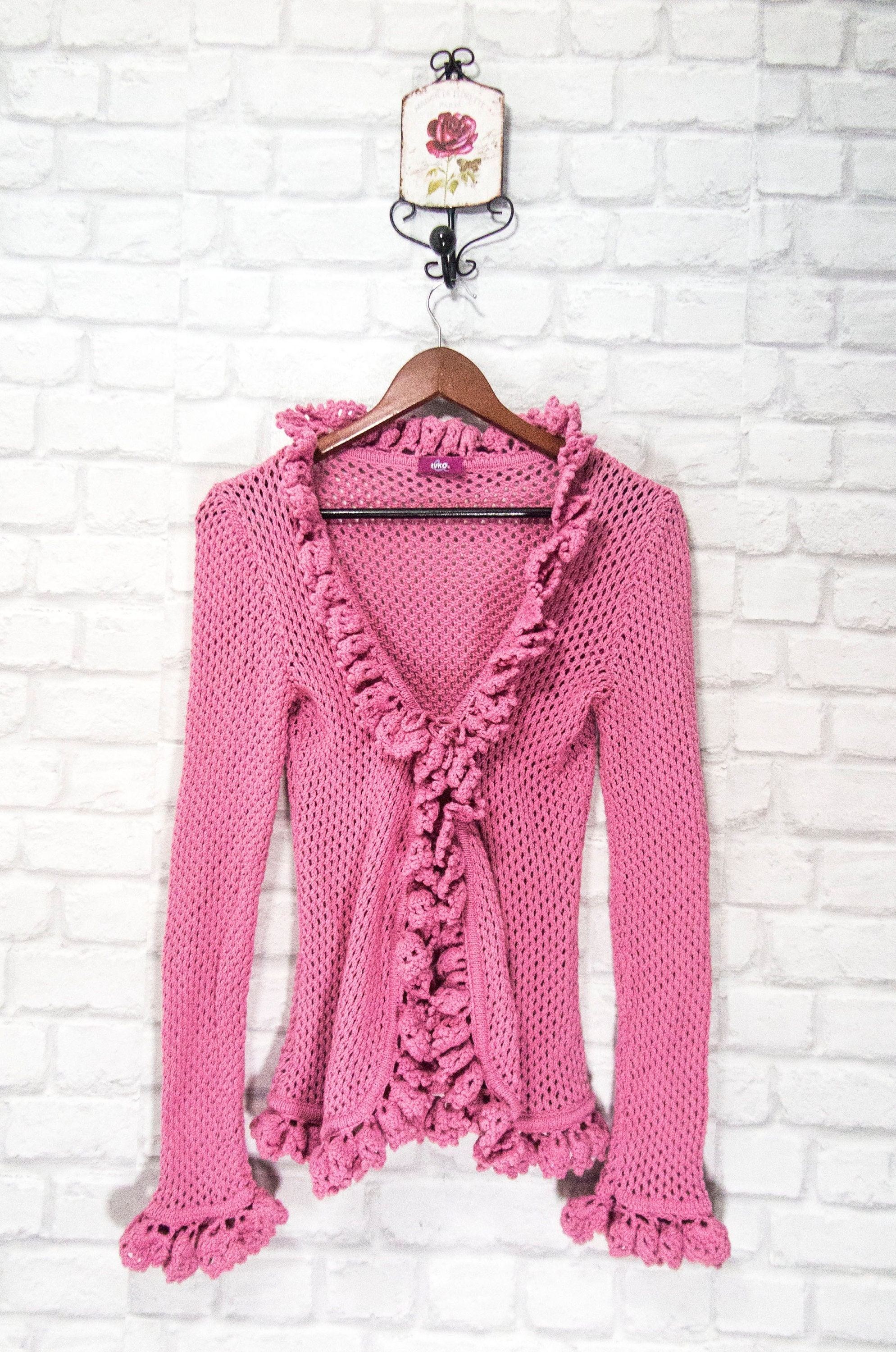 IVKO Wool Blend Knit Crochet Pink Cardigan size M