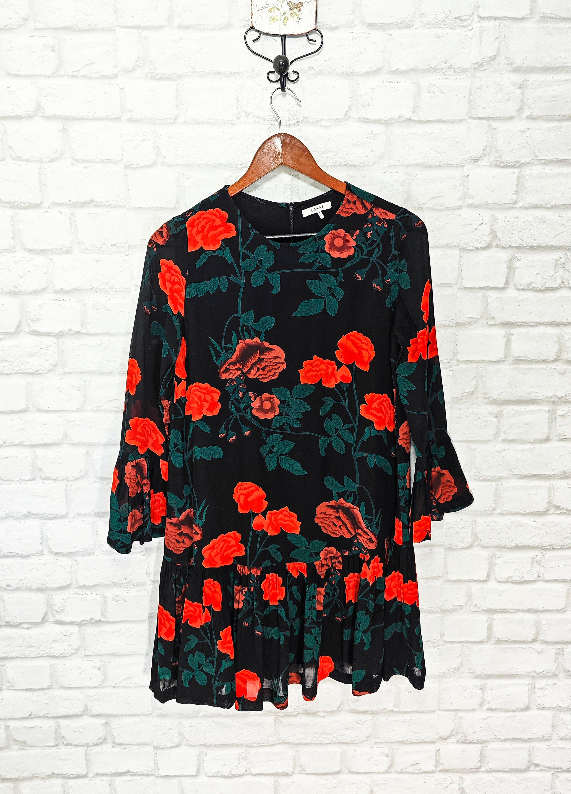 GANNI Newman Georgette Floral Dress Frill Details 3/4 Sleeve