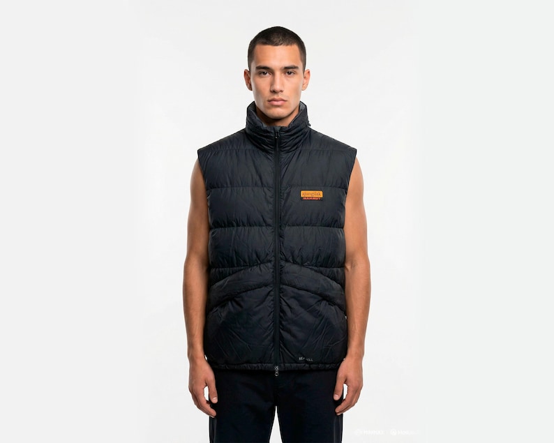 May include: Black puffer vest with a high collar and a small rectangular patch on the chest. The vest is sleeveless and has a full-length zipper. The vest is worn over a dark shirt.