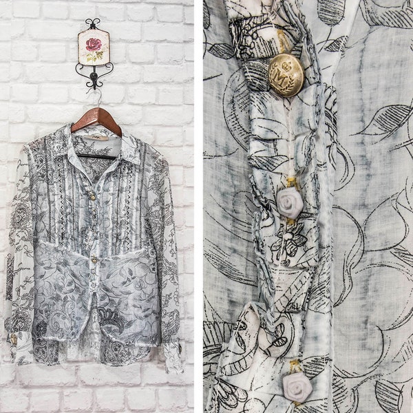 Bottega di Elisa Cavaletti Disegno Stampa Foglie/Dettagli floreali in pizzo Camicia con decorazioni vintage Taglia M