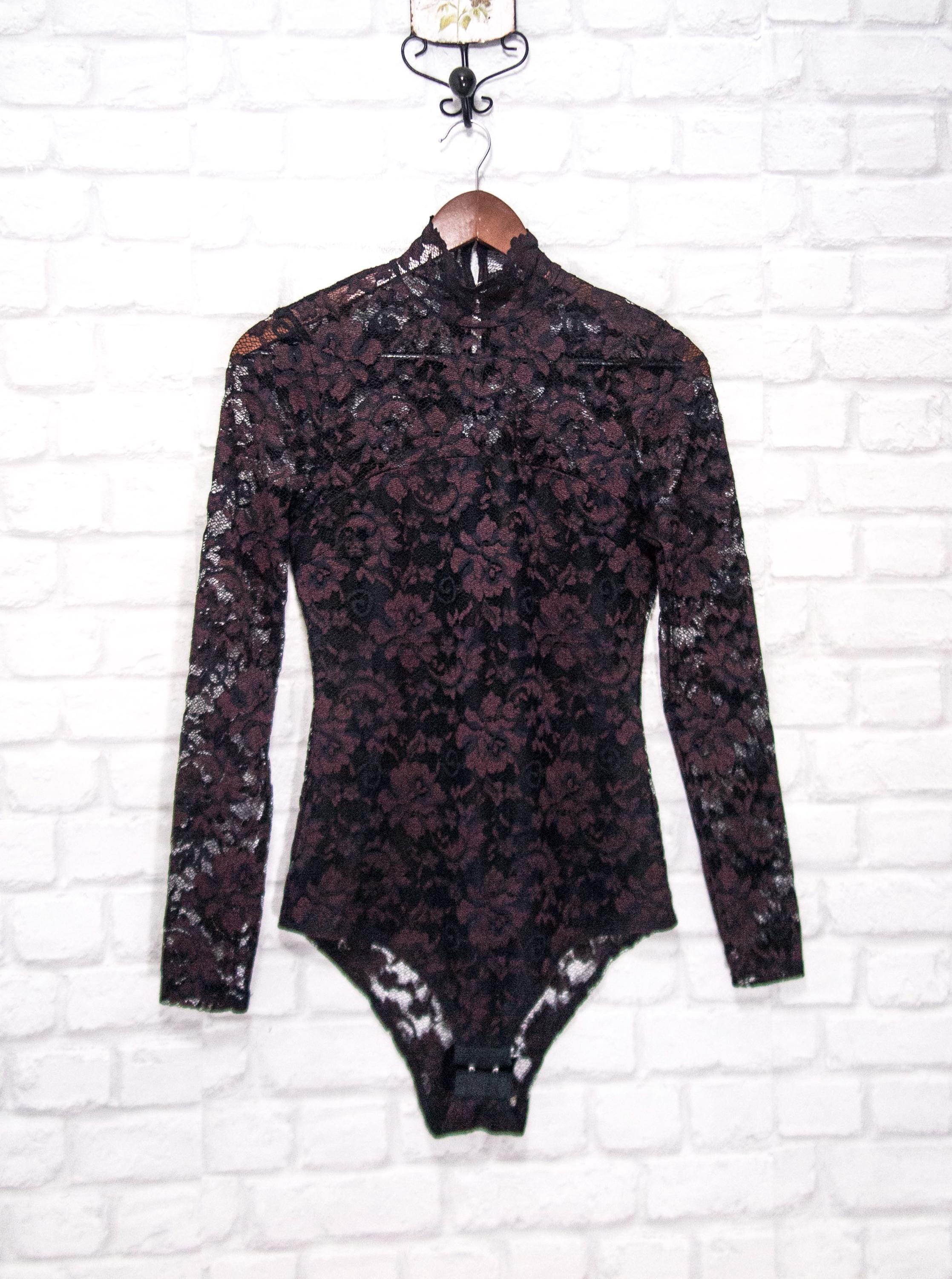 インナー・ルームウェアその他 Ganni Bodysuit GANNI Flynn Lace Body Suit Long Sleeve Lace Mesh Top Blouse