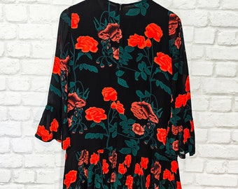 GANNI Newman Georgette Floral Dress Frill Details 3/4 Sleeve Roses