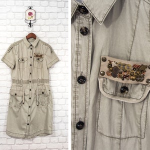 MarcCain ヴィンテージ ナチュラル ユニーク シャツドレス ビーズ装飾 カーゴシャツドレス 半袖 サイズ 3/UK12/US8