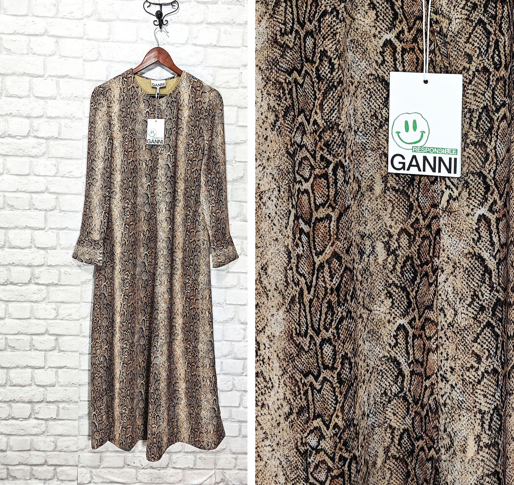GANNI Snake Starfish Maxi Dress Long sleeve Animal Pattern size 36/S/UK10/US6