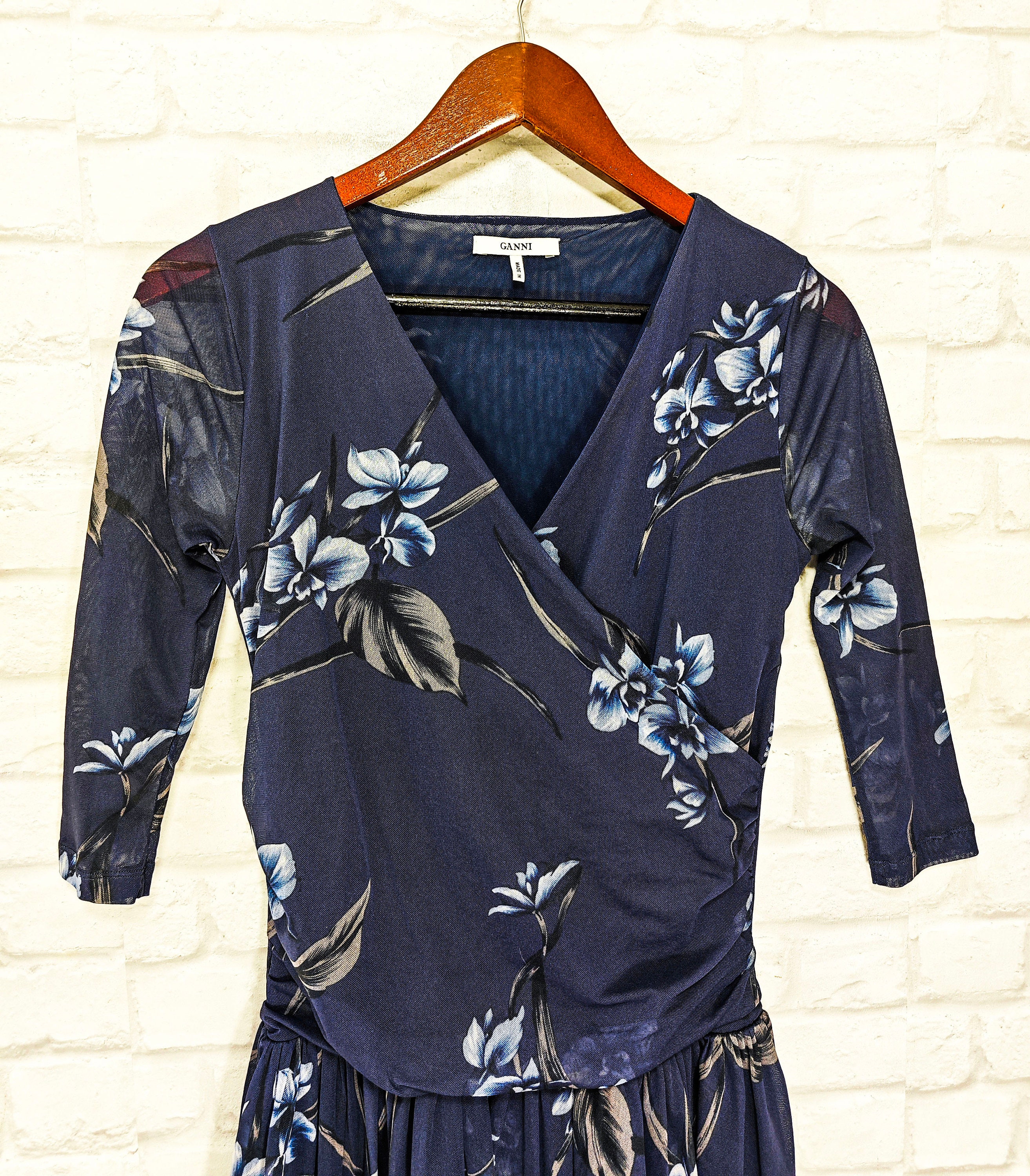 ganni blue floral wrap dress Ganni BLUE FLORAL CRINKLED SATIN LONG DRESS  Shop at the Mix