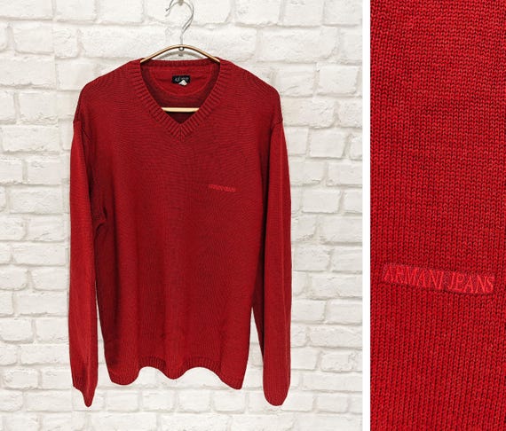 Armani Jeans Red Vintage Men's Wool V Neck Jumper Sweater Size L