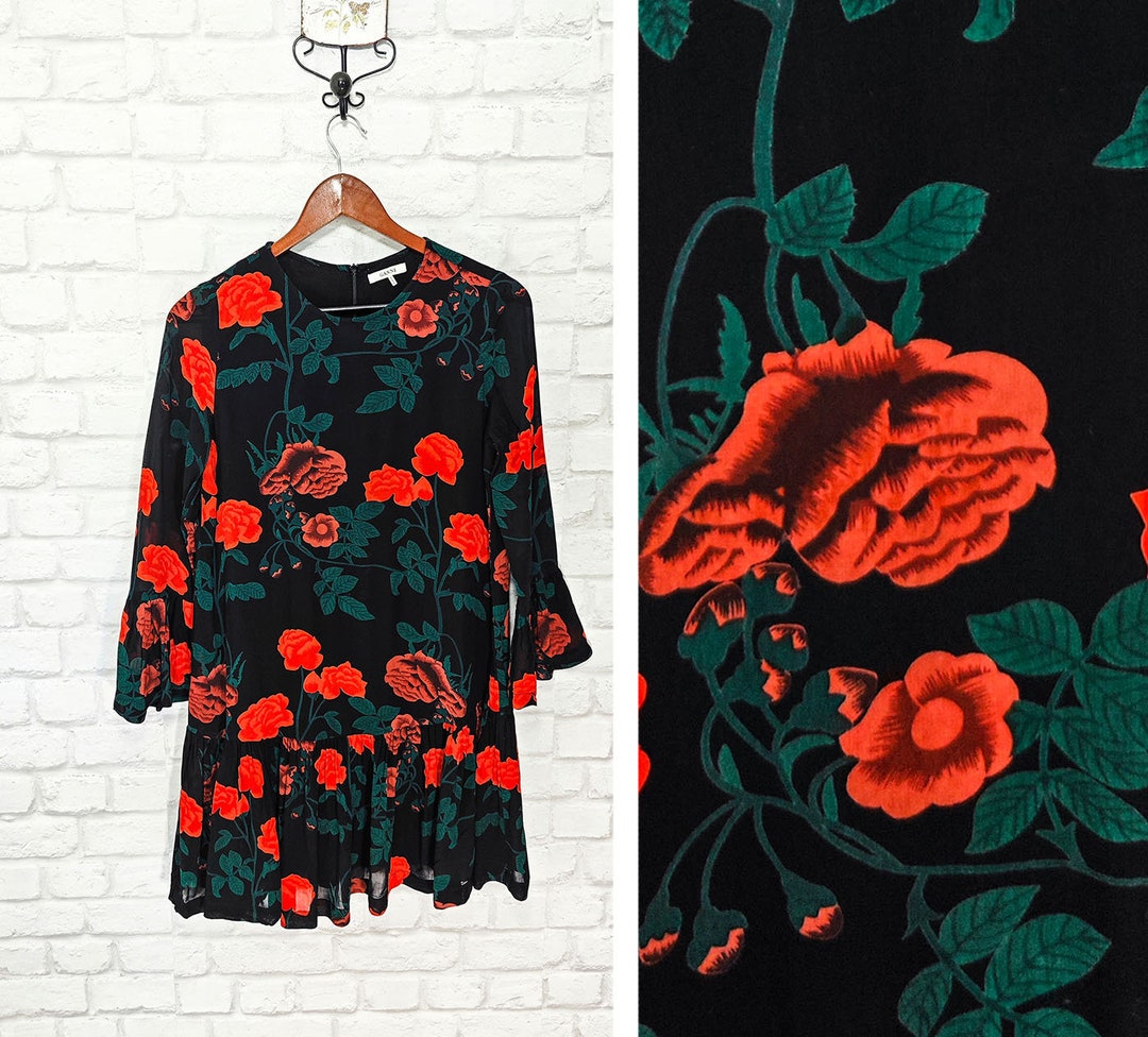 GANNI Newman Georgette Floral Dress Frill Details 3/4 Sleeve