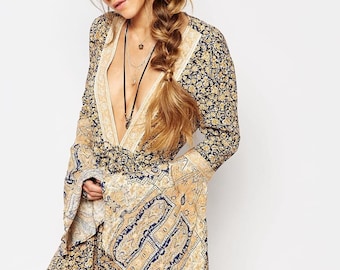 Free People Summertime Romper Jumpsuit Cream Once Upon Summertime Vintage Floral Pattern Long sleeve Boho size : M
