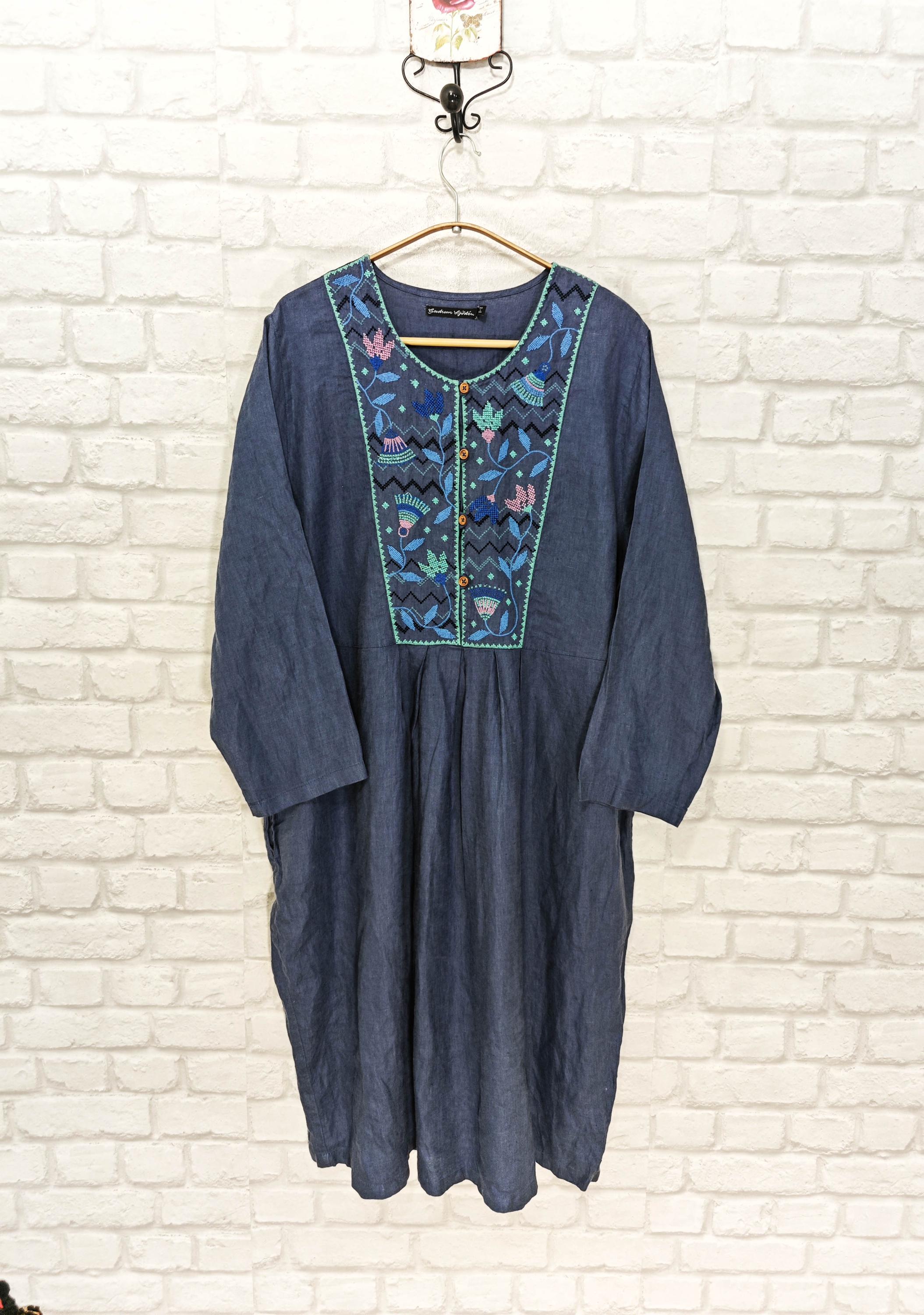 Robe à Volants Gudrun Sjoden - Taille L - Lin & Coton Beige Motif Paon - Occasion Parfait État