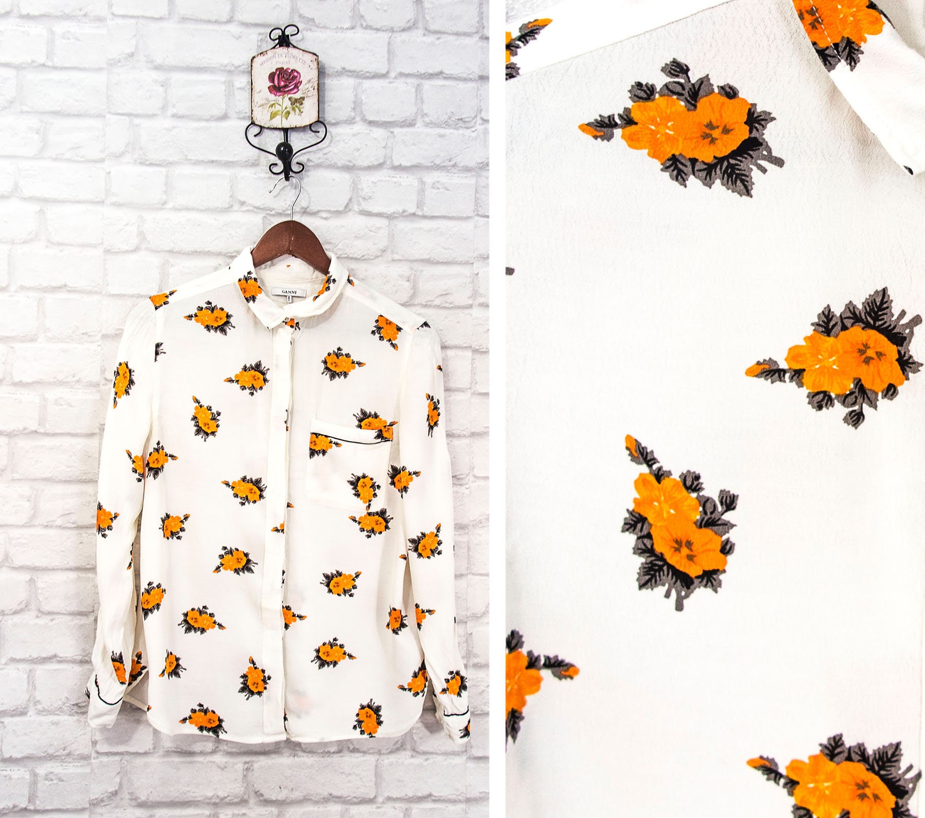 GANNI トップス　花柄 GANNI Roseburg Crepe Floral Pattern Shirt Top Blouse Crepe Viscose