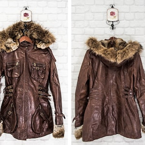 Vintage Roberta Scarpa Echt Leder Damen Mantel Jacke Echt Fut Trim Hoodie Braun Größe US8 / IT42 / D36/UK10 / F38