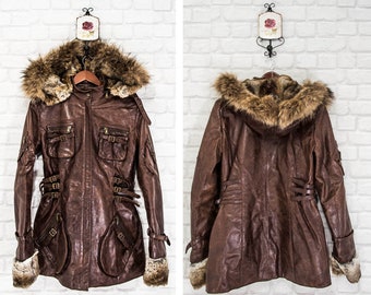 Vintage Roberta Scarpa Real Leather Womens Coat Jacket Real Fut Trim Hoodie Brown size US8/IT42/D36/UK10/F38