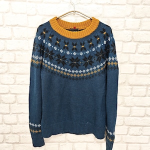 May include: A blue knitted sweater with a yellow, white, and black geometric pattern around the neckline.