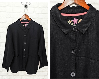 Gudrun Sjoden Chaqueta Blazer Negra Abrigo Lino Algodón Botón hasta talla L