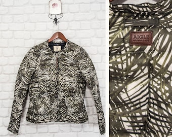 AIGLE Down Puffer Womens Jacket Rib Quilted Palms Leaf Pattern Print FR40/UK12/US8/M