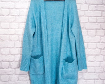 Close to my Heart Kid Mohair Wool Blend Knit Cardigan Turquoise Front open  Longline size L