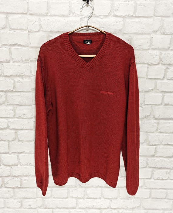 Armani Jeans Red Vintage Men's Wool V Neck Jumper Sweater Size L