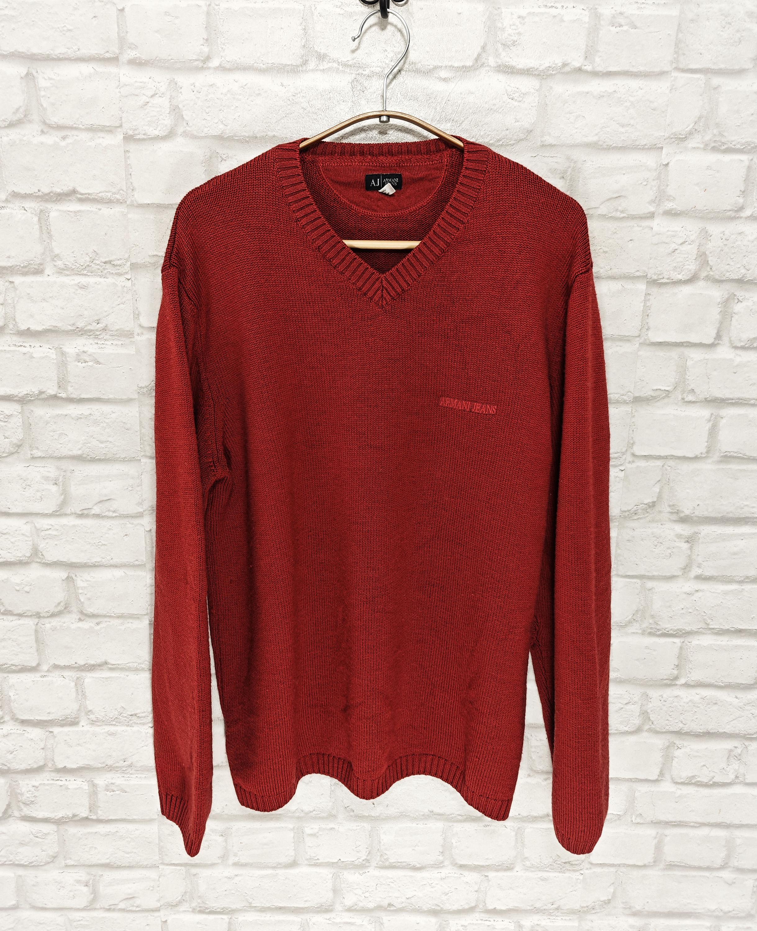 Armani Jeans Red Vintage Men's Wool V Neck Jumper Sweater Size L