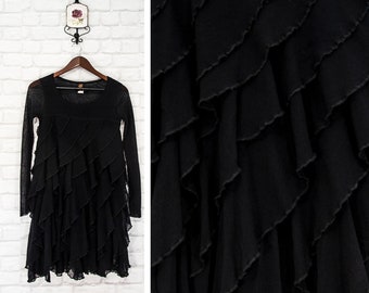 Jean Paul Gaultier Soleil Vintage Black Layered Ruffled  Dress Long Mesh Sleeves size S