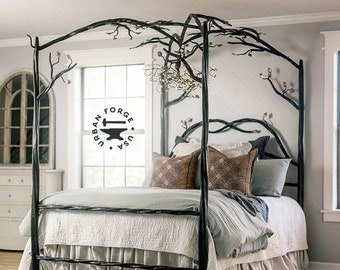 Elm Springs Wrought Iron Canopy Bed with Chandelier - Textured Timbers and Handmade Iron Leaves Blacksmith Made in USA